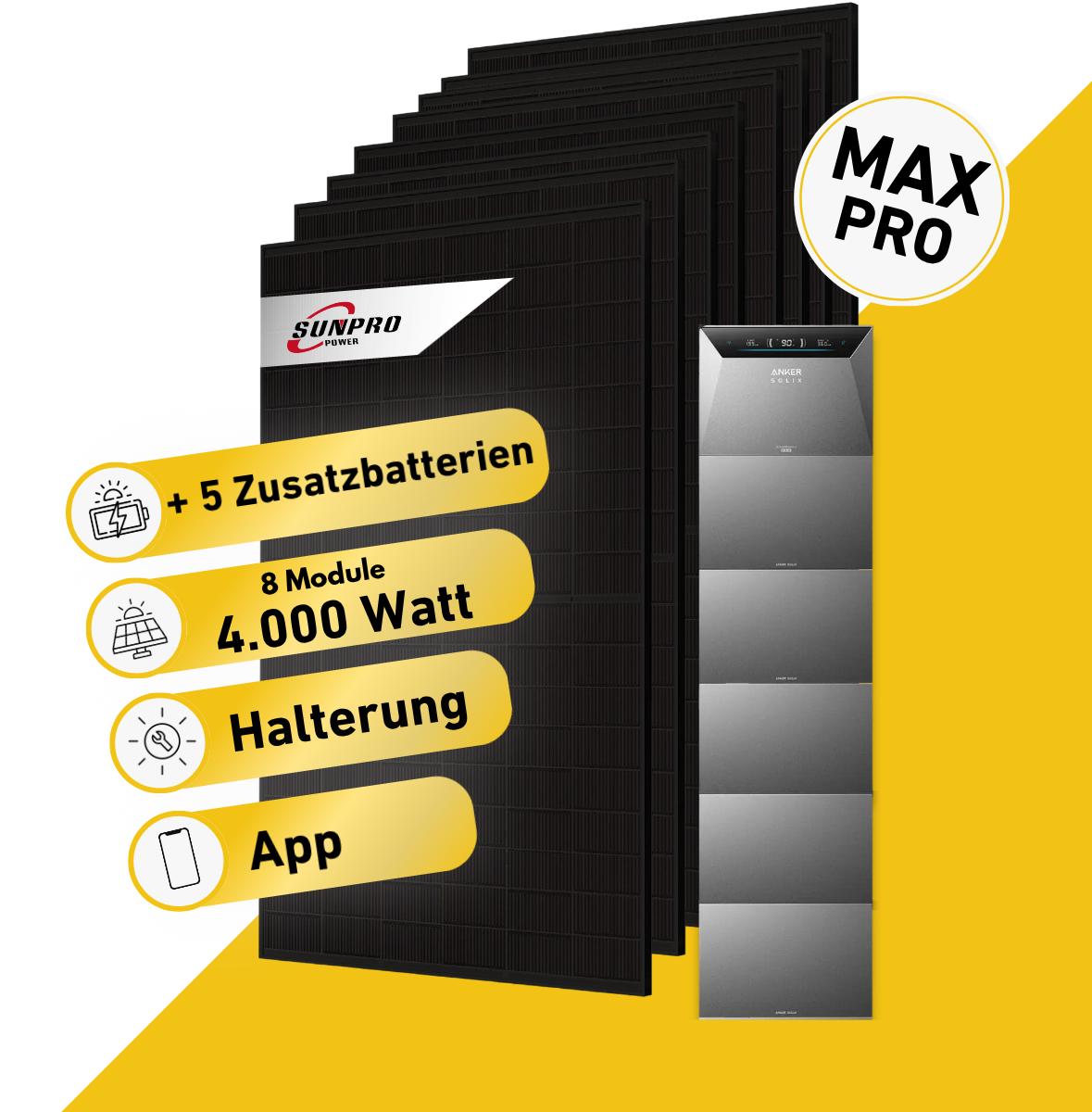 Balkonstrom Balkonkraftwerk 4000W mit Speicher | 5xZusatzspeicher | Fassadenhalterung 90 Grad | 8xSolarmodul Bifazial | Anker Solix 4 Pro |Kabel 15m