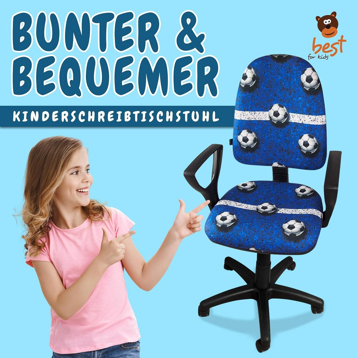 Ergonomische kinderbureaustoel met voetbaldesign en armleuningen - Blauw