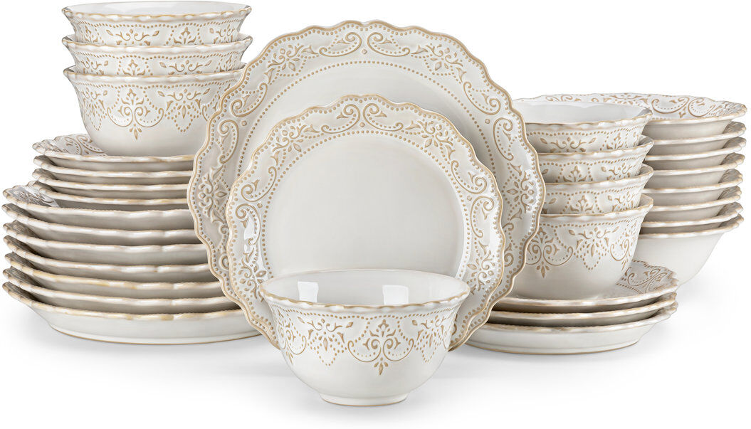 MALACASA 32 Piece Ceramic Dinnerware Sets, Kitchen Dinnerware, Blue Dinnerware With Bas-Relief Around The Edge, Royal Style, For 8 People, Dinner Plate, Desser White 32