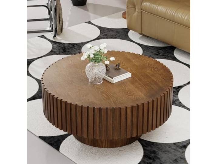 80Cm Trommel-Couchtisch, Moderner, Einzigartiger, 31.5 Round Brown2 Geriffelter Teetisch, Zeitgenössischer Runder Couchtisch Aus Holz Mit Geriffelter Tischplatte Für Das Wohnzimmer, Walnuss
