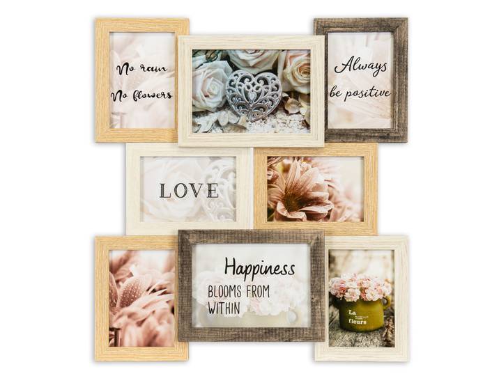 Bilderrahmen Collage QUEENCE Rahmen 3D Holz in braun , braun (multi), B:45cm H:49cm T:2,5cm, MDF, Bilderrahmen, Bilderrahmen Collage, Platz für 6 Fotos in 10x15cm und 2 Fotos in 13x18cm