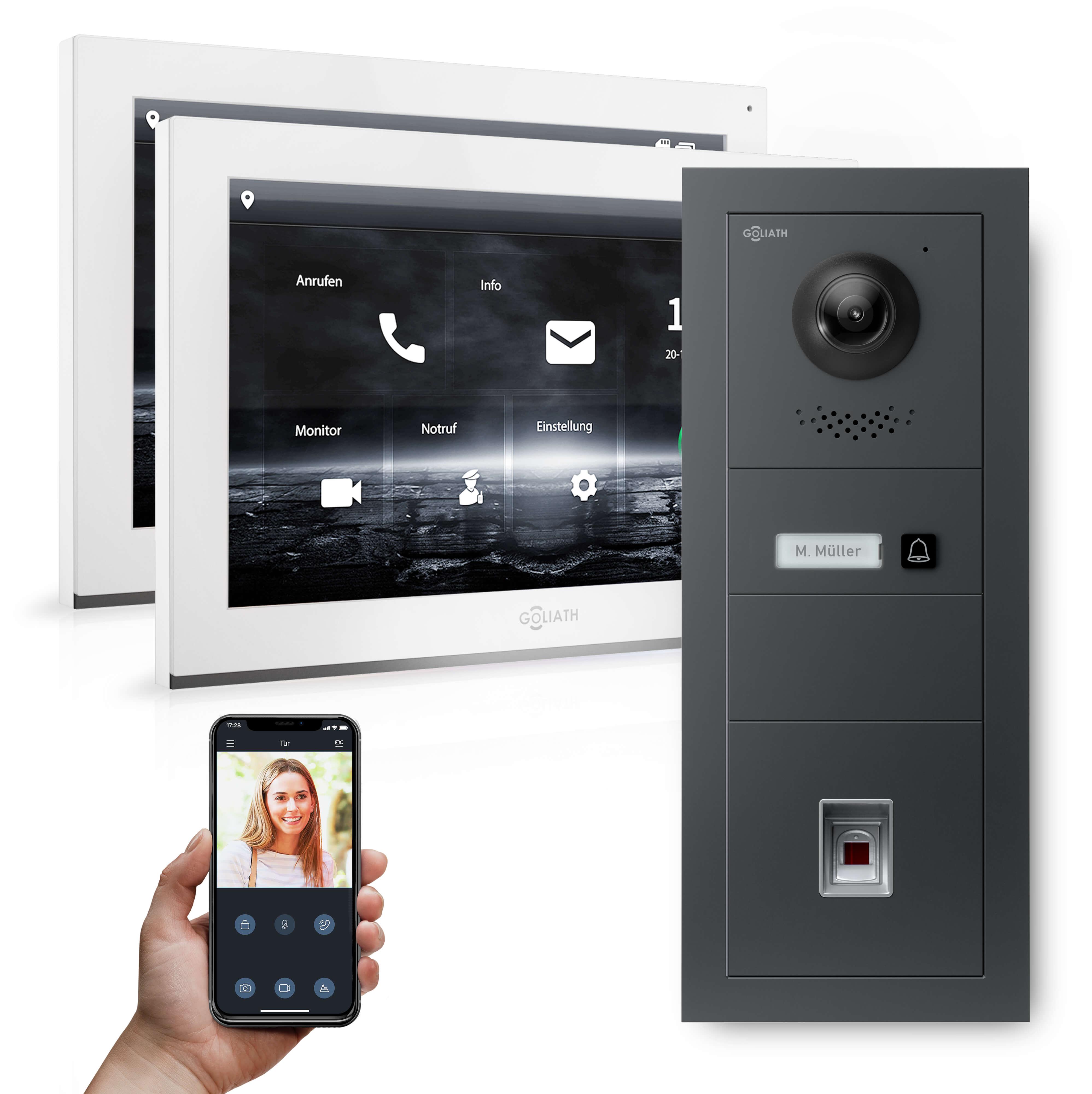 GOLIATH PRO IP Video-Türsprechanlage | Anthrazit | 1-Fam | 2x 10" HD | Fingerprint | 180 Grad