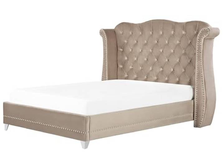 Beliani Bett Samtstoff im Chesterfield Stil hohes Kopfteil Taupe 180 x 200 cm Ayette