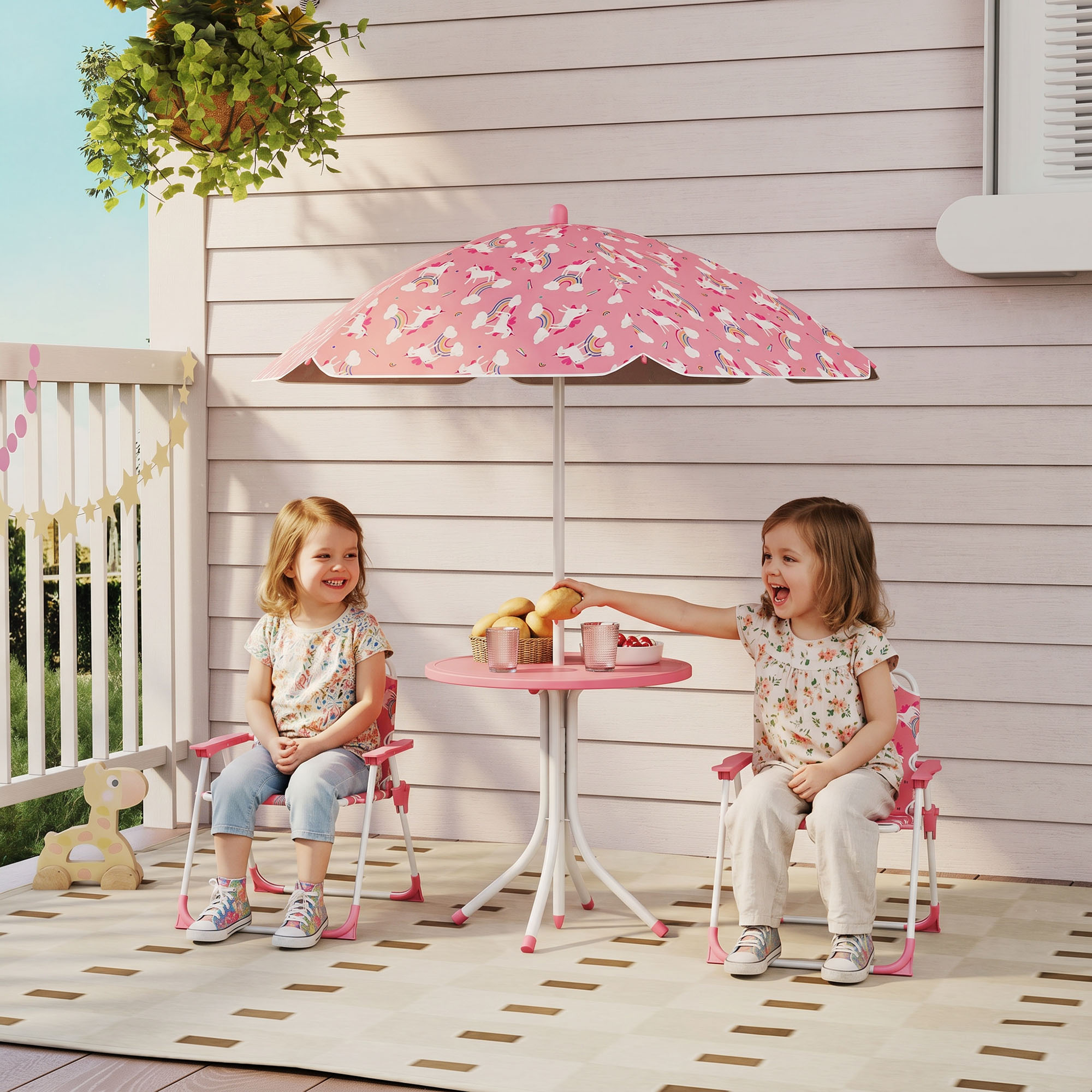 Aiyaplay Set da Giardino per Bambini a Tema Giungla con 2 Sedie Pieghevoli, Ombrellone e Tavolino Rotondo, Rosa   Aosom Italy