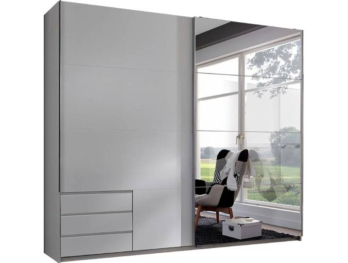Schwebetürenschrank WIMEX Seattle , weiss (weiß, spiegel), B:225cm H:208cm T:64cm, Schränke, Schwebetürenschrank, mit Schubladen und Spiegel