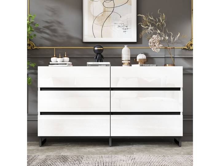 BEL Buffet salon 140x39 5x78 5 cm 6 tiroirs commode laquée brillante 3 pieds métal robuste blanc/noir