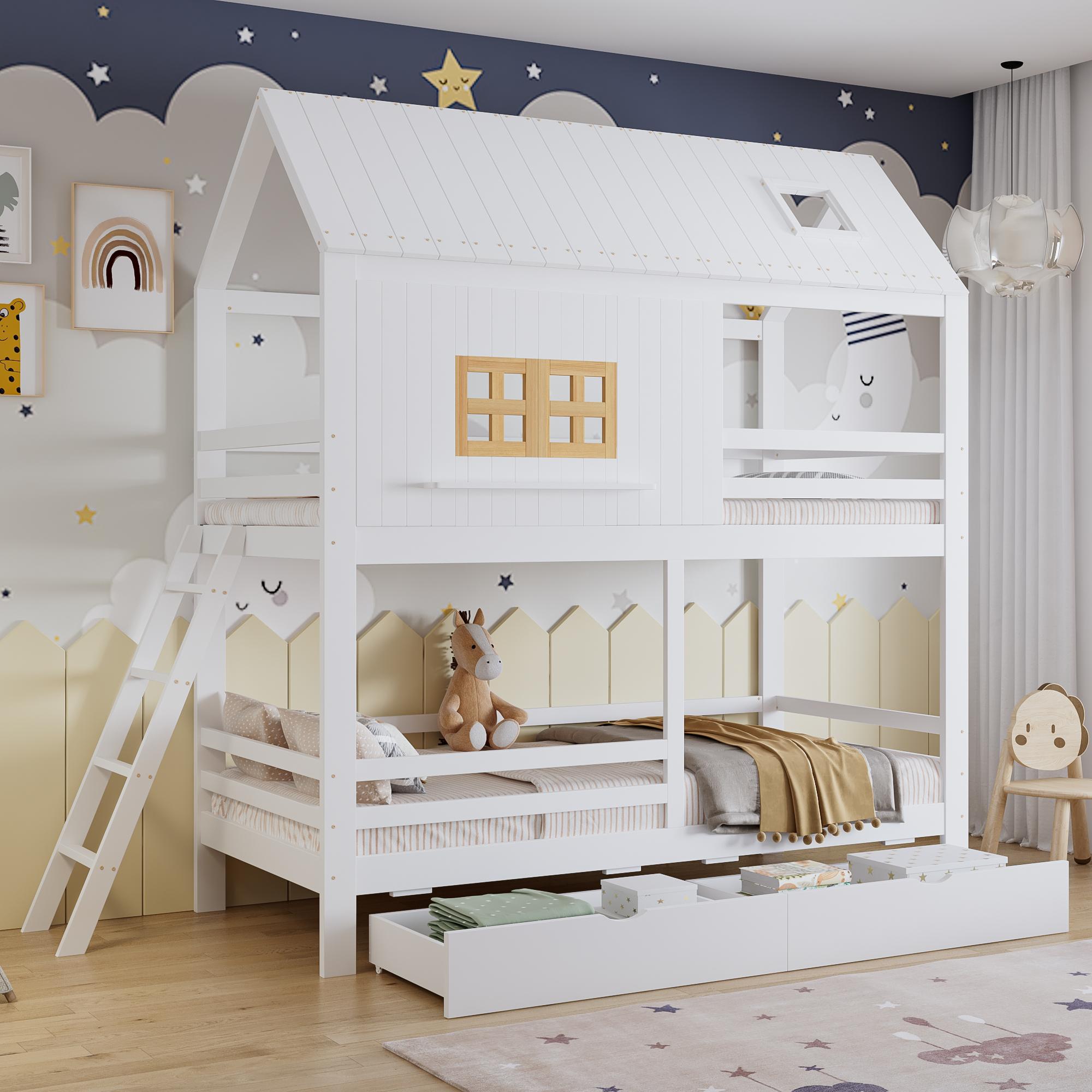 Etagenbett Kinderbett 90x200, Fenster, Dach, Lattenrost, Leiter, 2 große Schubladen, Kiefer/MDF/Sperrholz. Natur