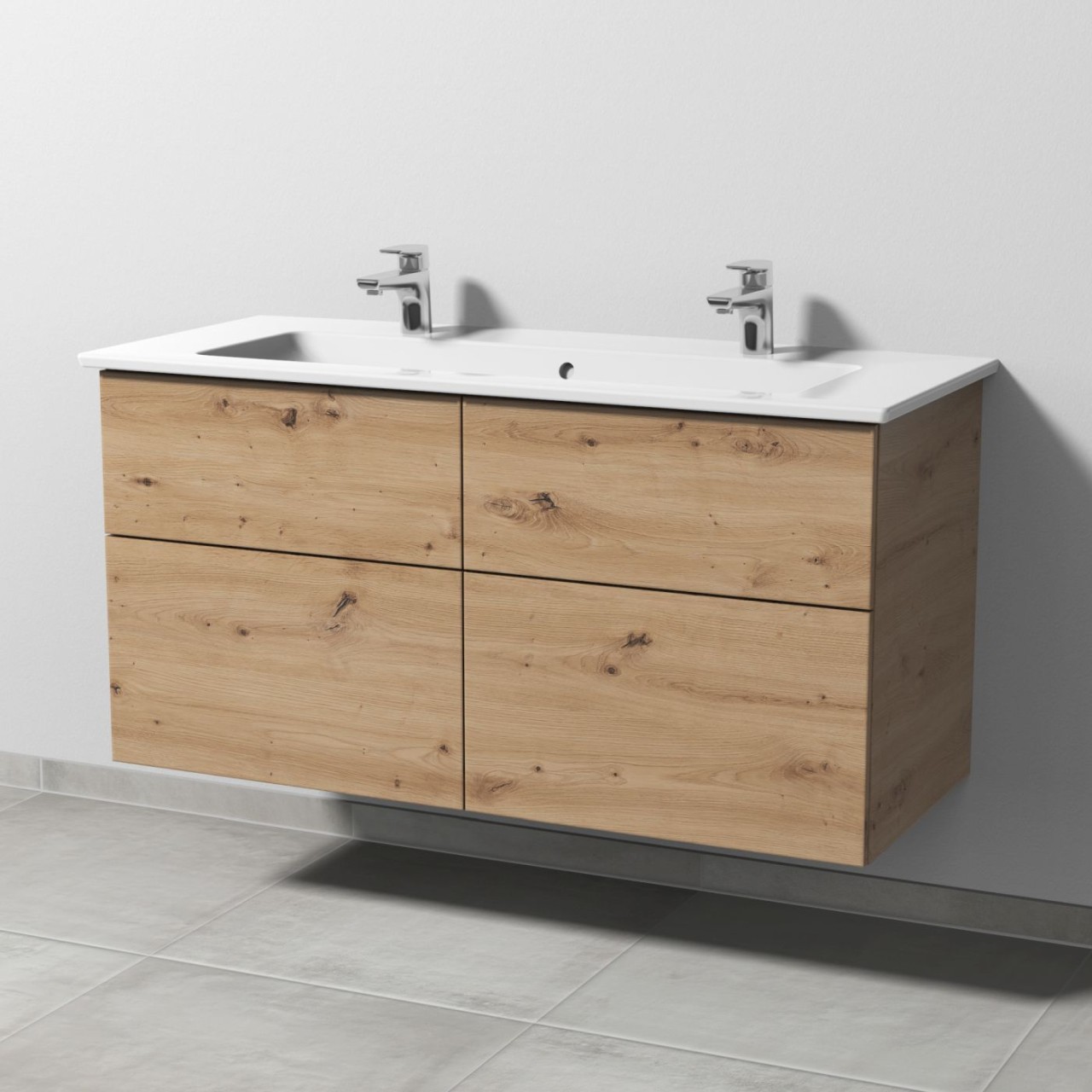Sanipa 3way Keramik-Set Venticello Keramik-Doppelwaschtisch und Unterbau mit 4 Auszügen, Eiche Natur SM32985