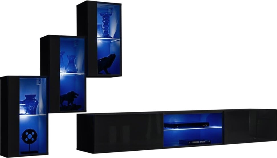 Meublorama Set woonkamermeubels SWITCH XXIII – LED – Hoogglans Zwart – Zwevend ontwerp