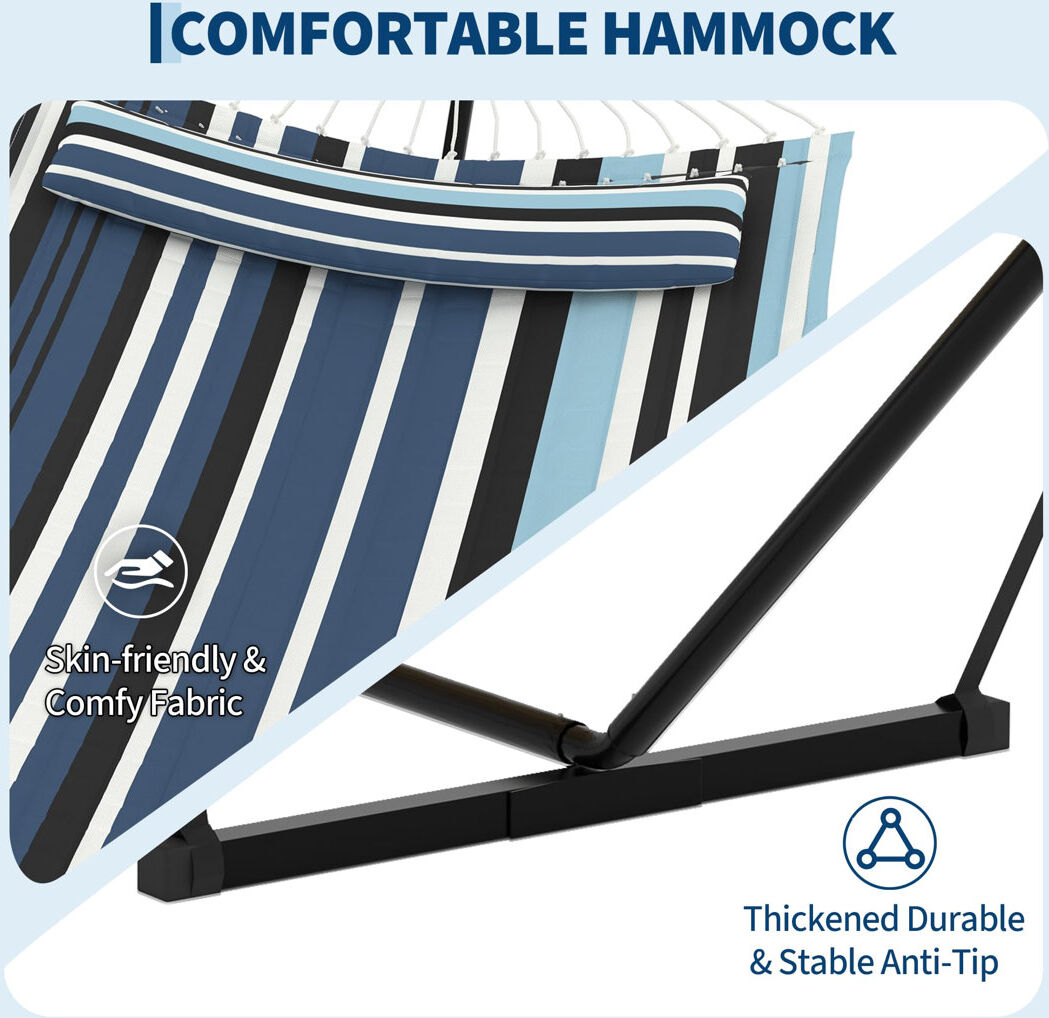 17 Stories ? 2 Person Hammock with Stand for Outside, Double Hammock with Stand and Pillow, Max 450 Lbs Capacity with Balance Rope, Large Hammock for Outdoor Pat Blue 110cm H X 365cm W X 132.1cm L