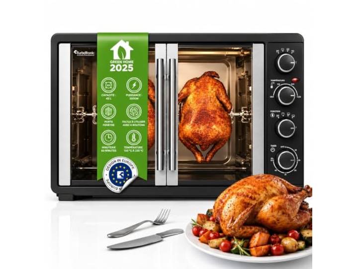 TurboTronic Mini Four Électrique 45 L\, Four Posable à Chaleur Tournante avec Tournebroche\, 2000 W\, Four à Pizza avec Minuteur\, Éclairage Intérieur et Plaque de Cuisson\, Noir