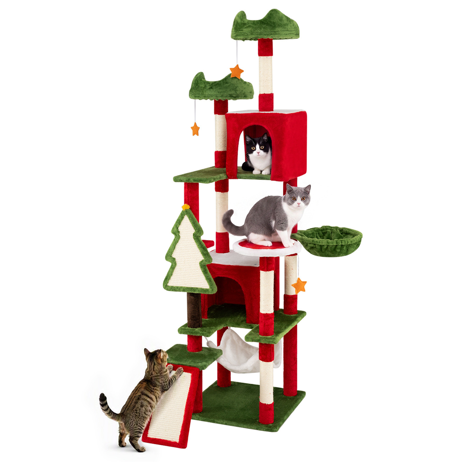 Costway Krabpaal 180 cm met 2 Kattenholletjes en 2 Ligplaatsen - Rood en Groen