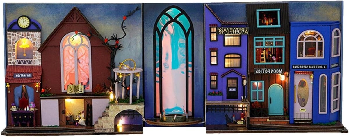 Boekenhoek Set Miniatuur Boekensteun met LED Verlichting voor Boekenplank Decoratie B: 225 cm, H: 7 cm, D: 7 cm