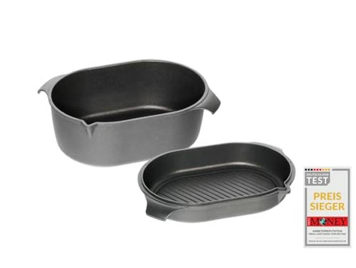 AMT Gastroguss Klaus grillt German Oven Set, große Ausführung, 42x28 cm, German Oven Bräter/German Oven Gußdeckel mit Grillboden, Aluguss, Lotan® Antihaft-Veredelung, AMZN-KG-4228-Set