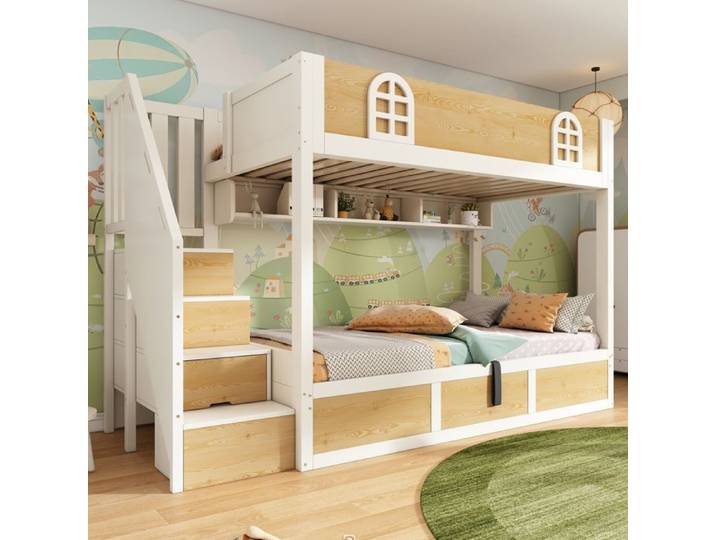 Lit Superposé Cabane Enfant LEMLIT 2x90x200 cm Escalier Rangement Coffre Hydraulique Certifié EN747 - Blanc Naturel