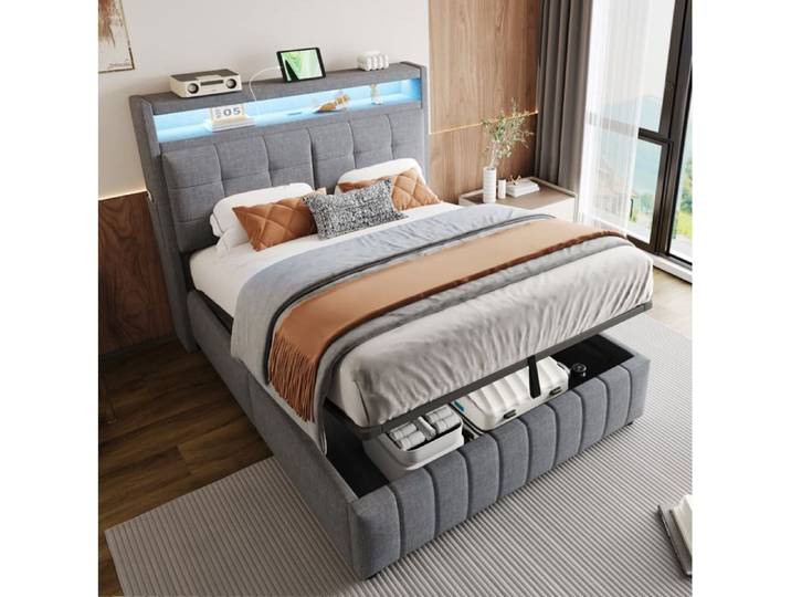 ULEVR Lit capitonné 140 x 200 cm gris avec LED USB tête de lit avec rangement et coffre hydraulique