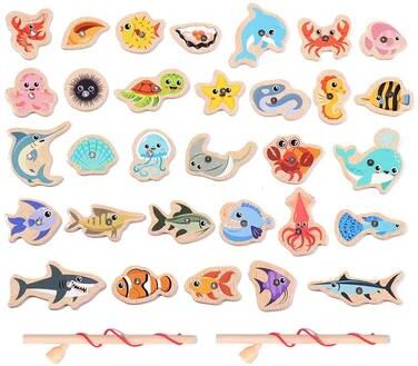 Inspire Curations Kids Magnetic Fishing Game Wooden Sea Animal Set (Montessori Play) 31pcs