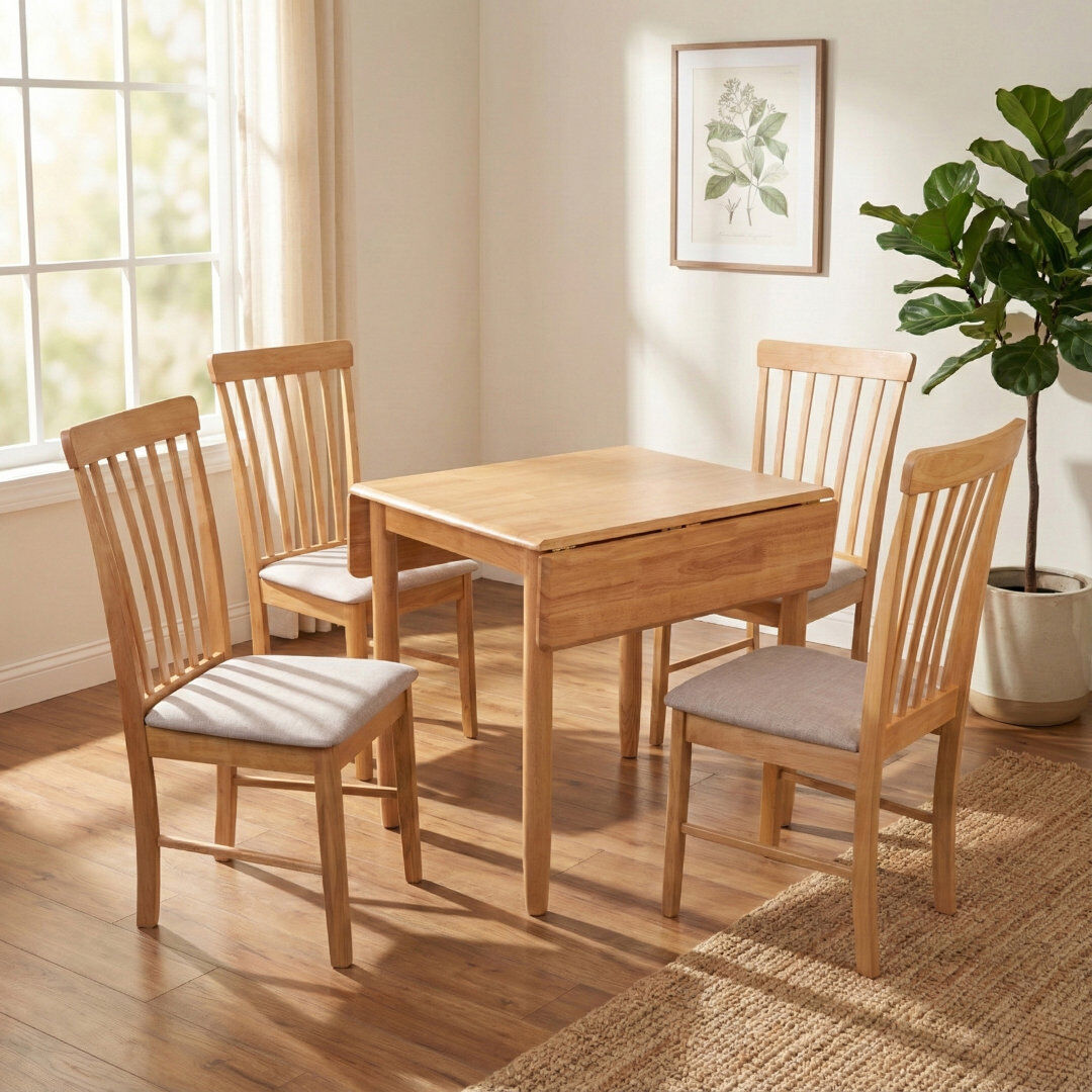 Three Posts Ankrum 4 -Person Drop Leaf Rubberwood Solid Wood Dining Set Light Oak 4