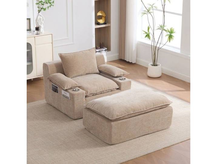 Chaise‑longue relax kaki clair 113x93x81cm tissu chenille avec repose‑pieds pour salon et balcon