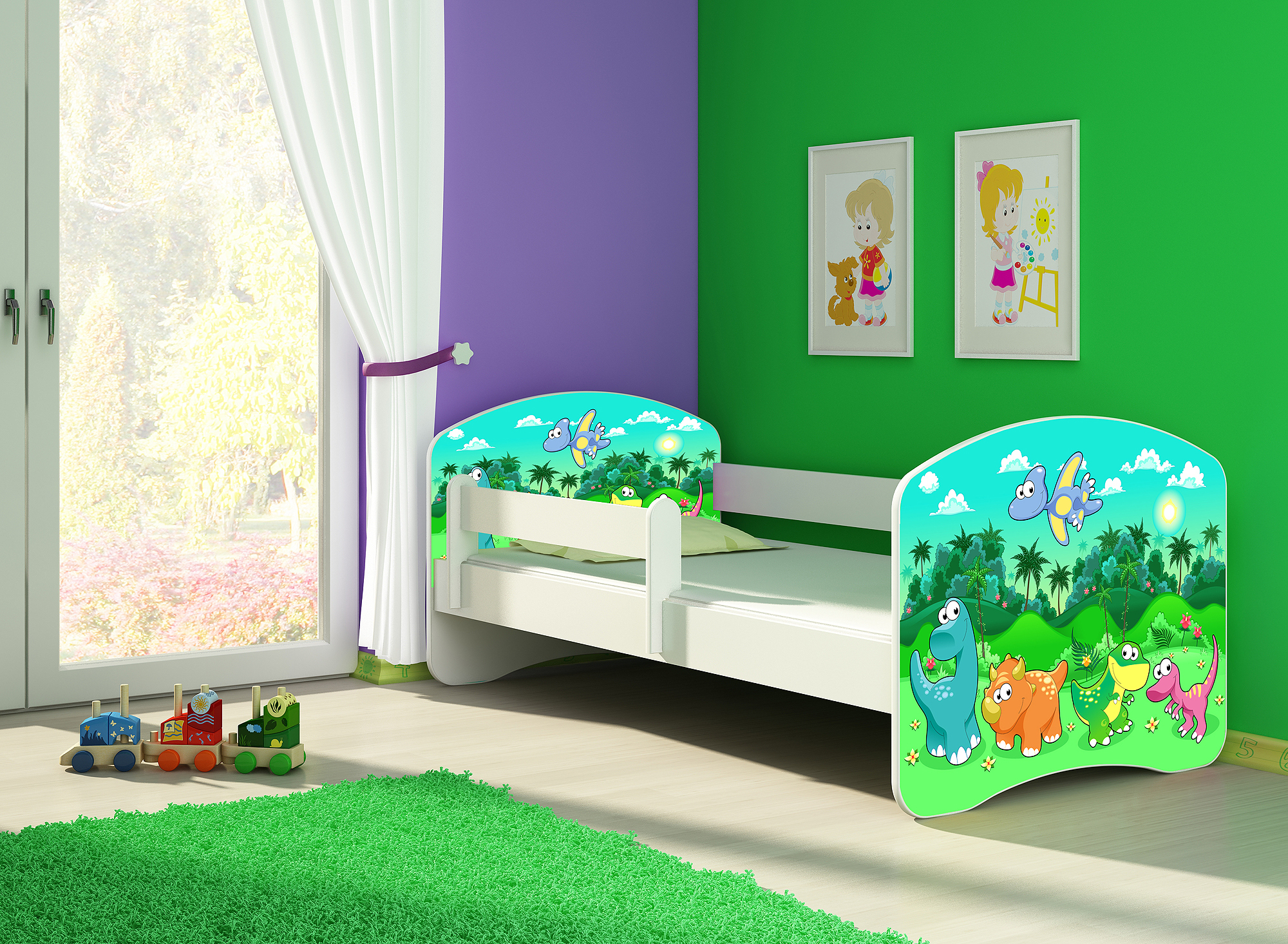 Kinderbett, Motiv, Schublade CLAMARO, Bett Farbe:30 Dinosaurier, Mit Bettkasten:Mit Bettkasten, Bett Größe:180 x 80 cm