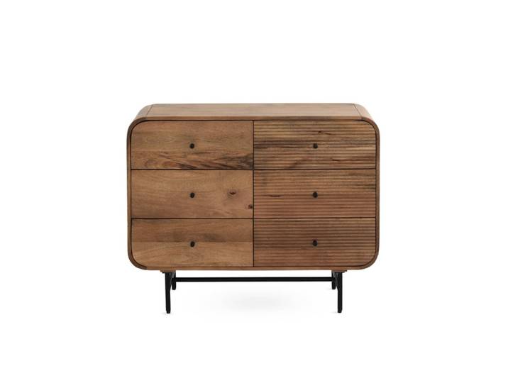 Commode en bois de manguier massif à 6 tiroirs aux contours incurvés