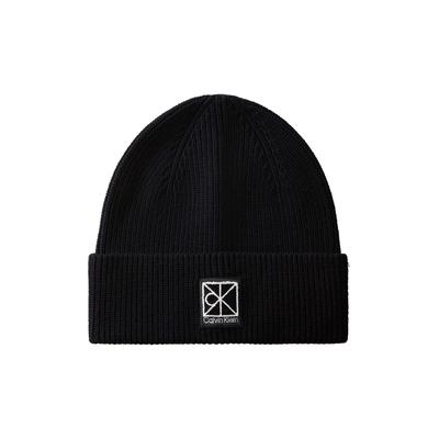 Beanie CALVIN KLEIN "EMBLEM SQUARE RIB BEANIE", Damen, schwarz, Strick, Viskosemischung, unifarben, Mützen Beanie, Regular fit mit Markenlogo