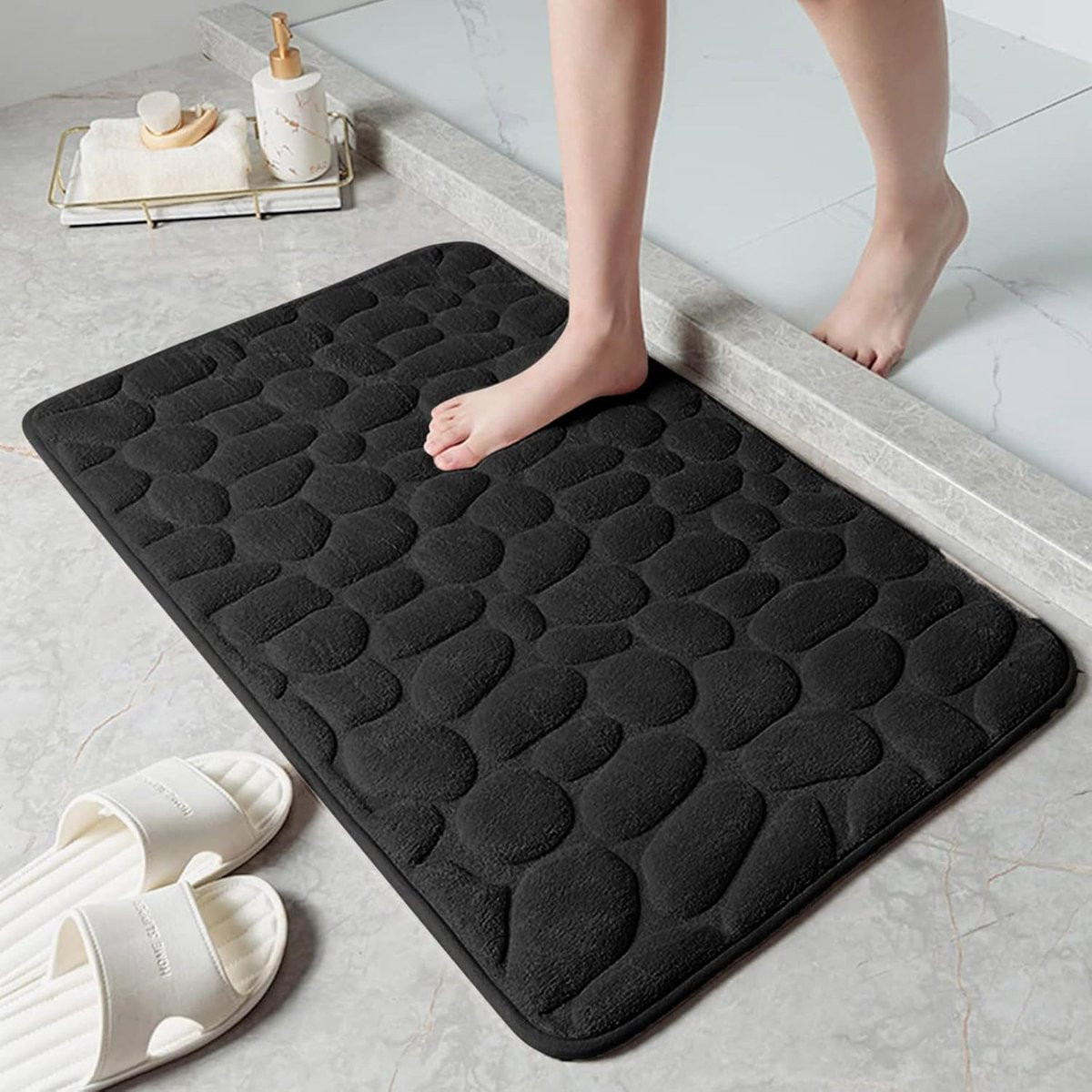 PolkaHome Antislip Badmat van Traagschuim en Fleece, Zwart, 40 x 60 cm