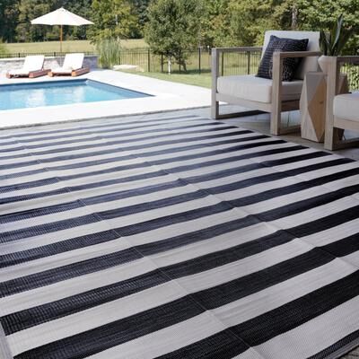 Alise Rugs Lalune Beach Stripe Polypropylene Reversible Plastic Straw Indoor Outdoor Area Rug