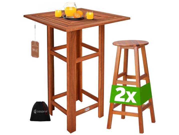 CASARIA® Table haute avec 2 tabourets ensemble de bar en bois d'acacia mange debout intérieur extérieur jardin terrasse