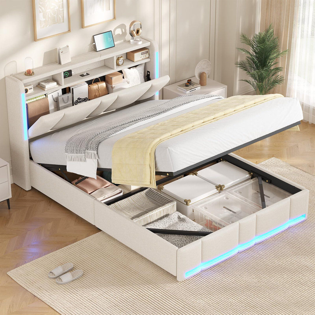 Rebrilliant Lift Up Storage Ottoman Bed Beige Double (4'6)