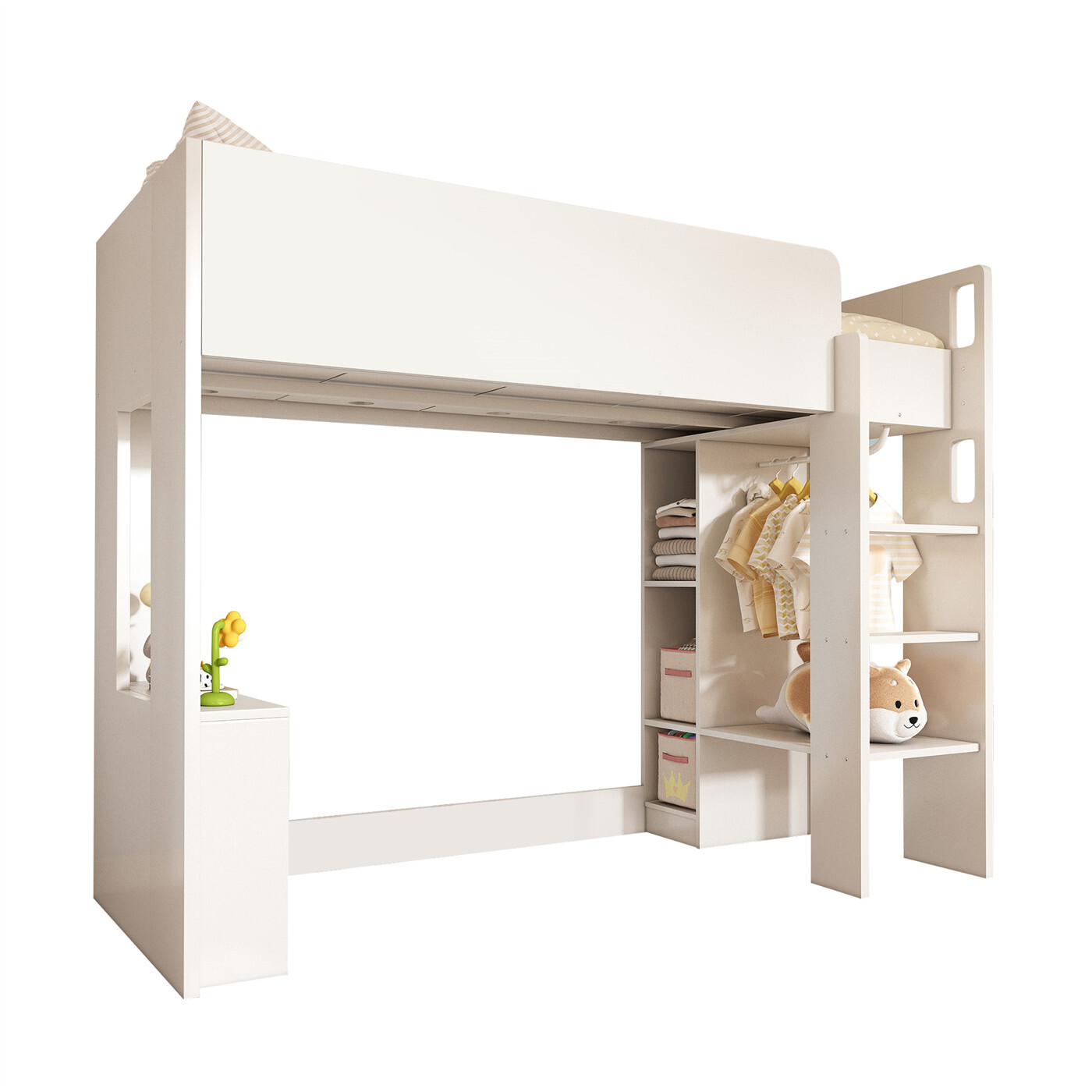 Hochbett Einzelbett,kinderbett,Vielseitiges 3-in-1 Holzbett- Mit Aufbewahrungsfächern,Kleiderschrank, offenen Regaleinheiten und Treppe