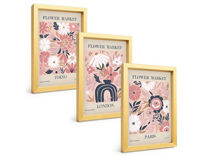 BILDER SET 3er Set - 20x30 cm Goldrahmen - Blumenmotive Tokio London Paris