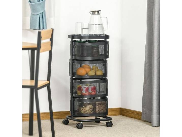 Meuble rangement chariot de cuisine 4 niveaux avec roulettes 33x33x77 cm paniers aérés étagère supérieure noir JOINERY