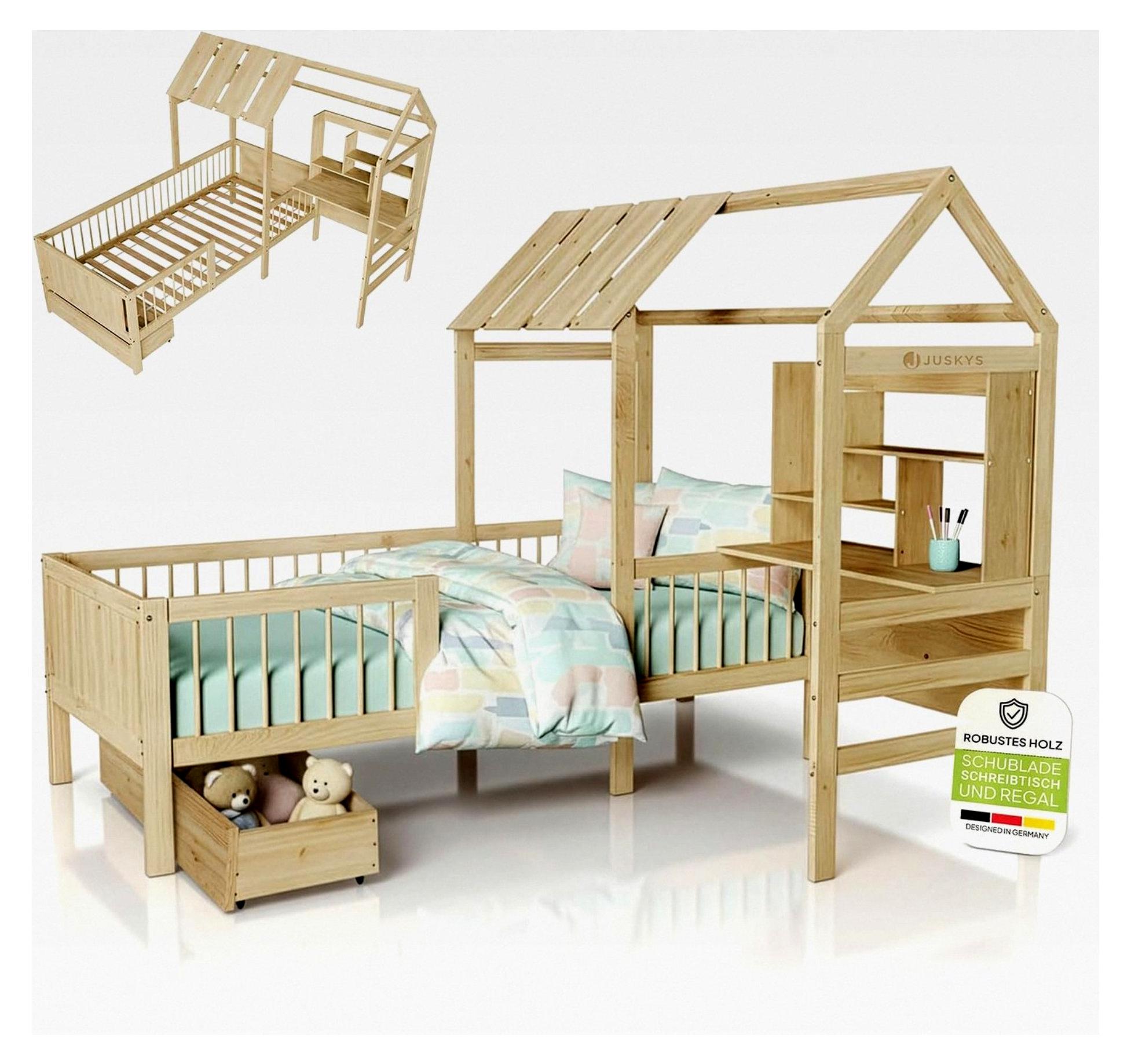 Kinderbett Yari 90x200 cm - Einzelbett mit Schreibtisch und Schublade, Kiefernholz und langlebigen Materialien, verspieltes Haus-Design - Natur