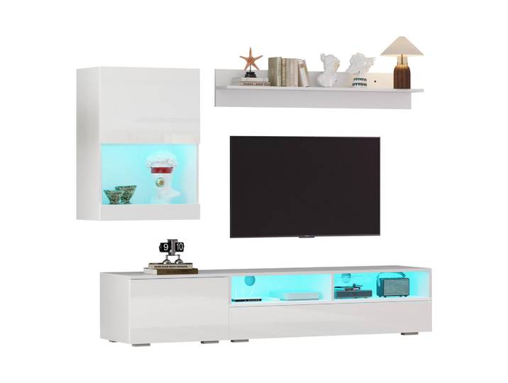 Flieks Tv-Wohnwand 3-teilig LED Hochglanz TV Schrank Weiß, 175x34x39 cm, Wohnzimmer, Wohnwände