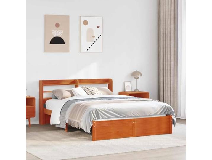 RJPLMFV Bettgestell aus massivem Kiefernholz, 2-teilig, Braun gewachst Mit Kopfteil mit Regalböden, Lattenrost, modernes Design, pflegeleicht