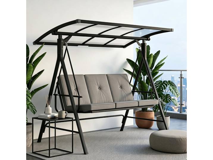 Balançoire Hollywood BEALIFE\, 3 places\, avec toit et coussins Capacité de charge : 230 kg Balançoire de jardin pour terrasse et jardin Gris CD02