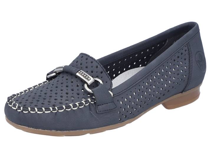 Mokassin RIEKER, Damen, Gr. 41, blau (dunkelblau), Nubuklederimitat, Schuhe Mokassin, Slipper, Sommerschuh mit toller Schmuckspange