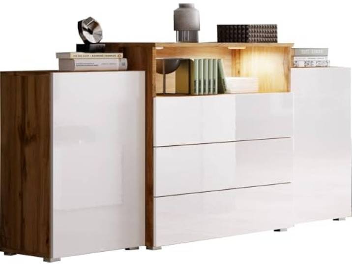 MINIO go for it - Kommode Korfu III Sideboard 150 cm mit Schubladen Farbe: Wotan Eiche / Weiss Hochglanz