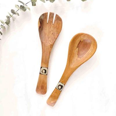 Global Crafts Handmade Olive Wood Serving Utensils with Natural Batik Bone Handles (Kenya)