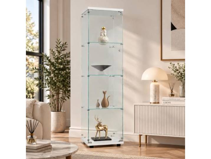 JiaOyu Glasvitrine Stehend, Vitrinenschrank mit Glastüren, 4-Lagen Glasvitrine Staubdicht, Standvitrine Glasschrank für Wohnzimmer Schlafzimmer Büro (Weiß/Glas, 4 Schichten)