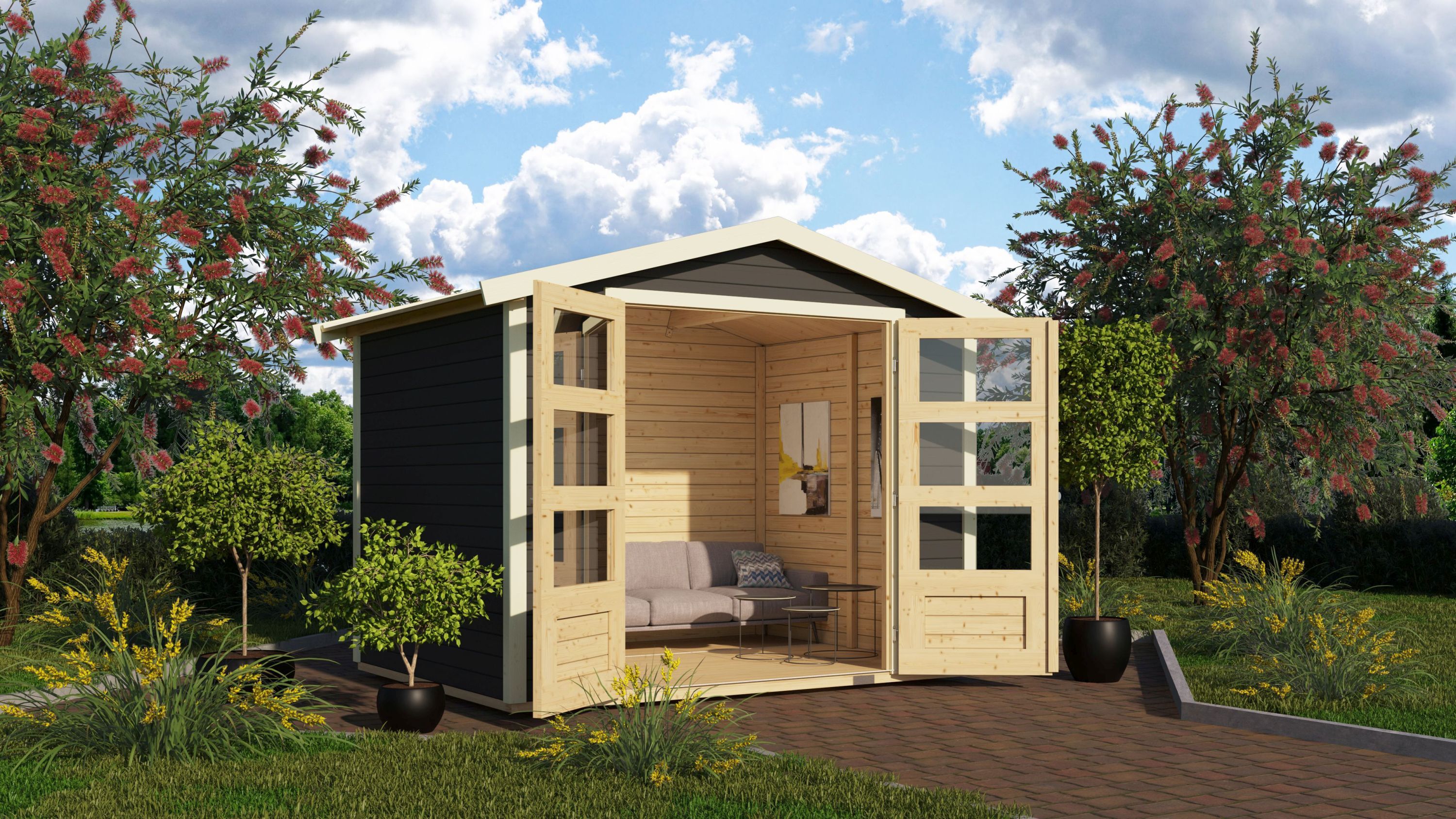 Karibu Gartenhaus "Asaba 4" SET terragrau mit Boden, Schindeln schwarz