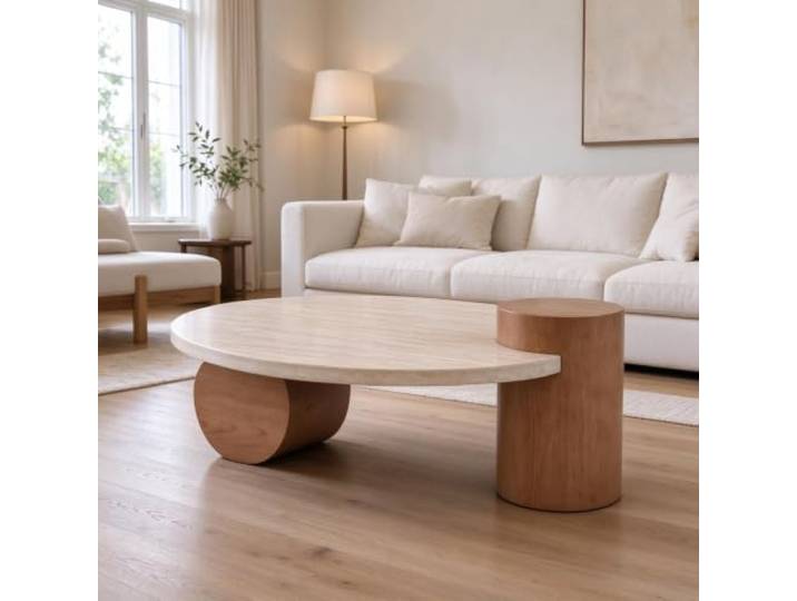 Runder Couchtisch, Travertin-Optik und Beine aus Massivholz Steinplatte in Travertin-Optik, massive Holzbeine, 70/80/90 cm, Vintage-Stil, Couchtisch modern fürs Wohnzimmer