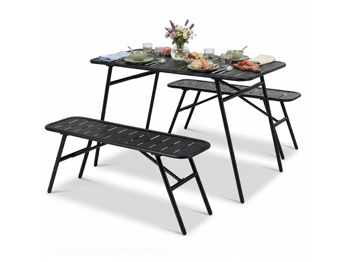 Salon Extérieur Avec Table & 2 Bancs\, Design À Lattes\, Patins Réglables\, Mobilier De Jardin 4 Personnes Pour Balcon\, Patio\, Terrasse\, Charge 150 Kg