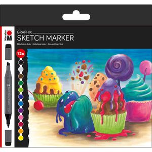 Marabu Layoutmarker Graphix Sketch Marker, Sugarholic, farbig sortiert, 2 Strichstärken, 12 Stück