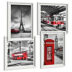 BILDER SET 4er Set - 50x50 cm & 40x60 cm Weißer Rahmen - Ikonische Städte London Paris Eisenbahn