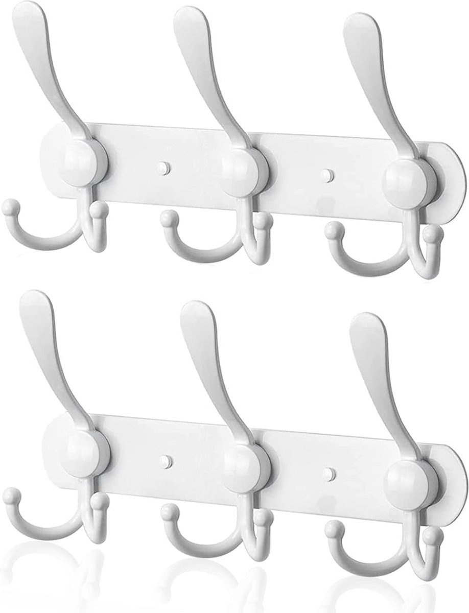 Set van 2 witte wandhaken met 9 roestvrijstalen haken voor in de keuken, badkamer of slaapkamer