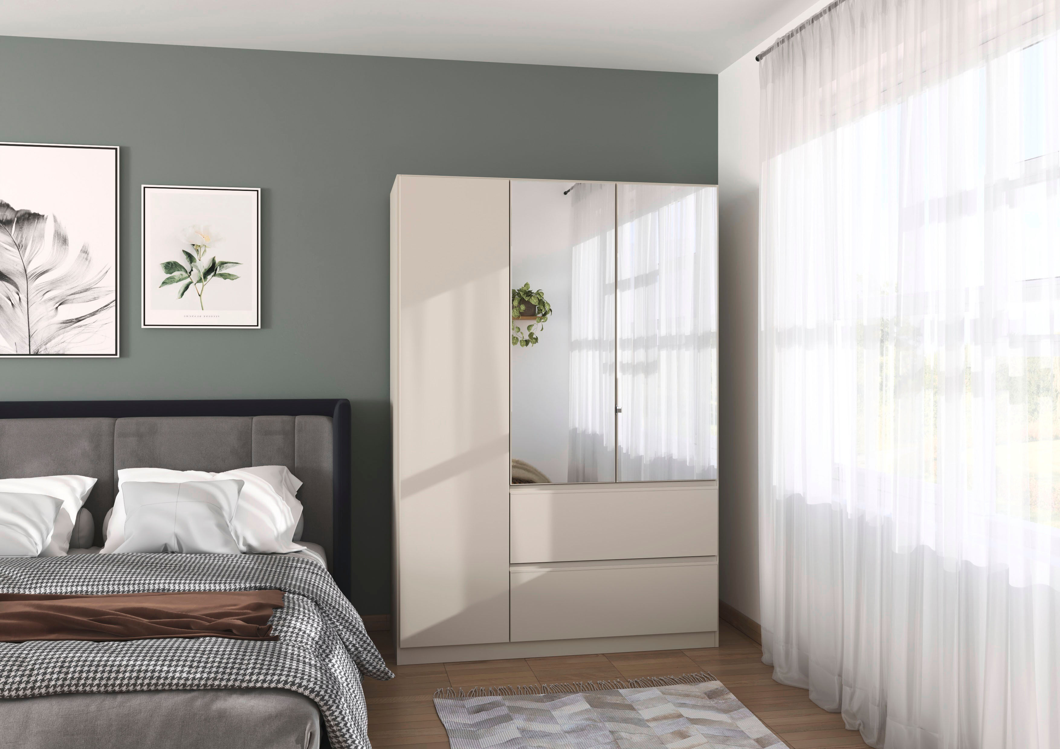 Drehtürenschrank RAUCH "Kleiderschrank Schrank Garderobe COSTA in den Breiten 91/136/181 cm", beige (beige (champagner), eingriffe beige (champagner)), B:136cm H:197cm T:54cm, Holzwerkstoff, Schränke, Drehtürenschrank, mit Spiegel, grifflose Front und Pus