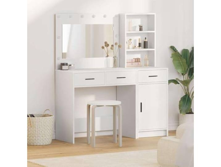 DFSQWRTYG Schminktisch mit Spiegel LED Beleuchtung/Schubladen Wei Inklusive Highboard, Mattschwarze Stangengriffe, Modernes Design