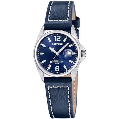 Quarzuhr CALYPSO WATCHES "Basic", blau (dunkelblau, dunkelblau), Armbanduhren, Damen, silberfarben, Quarzuhr, Armbanduhr, Damenuhr, Lederarmband, analog, Tag